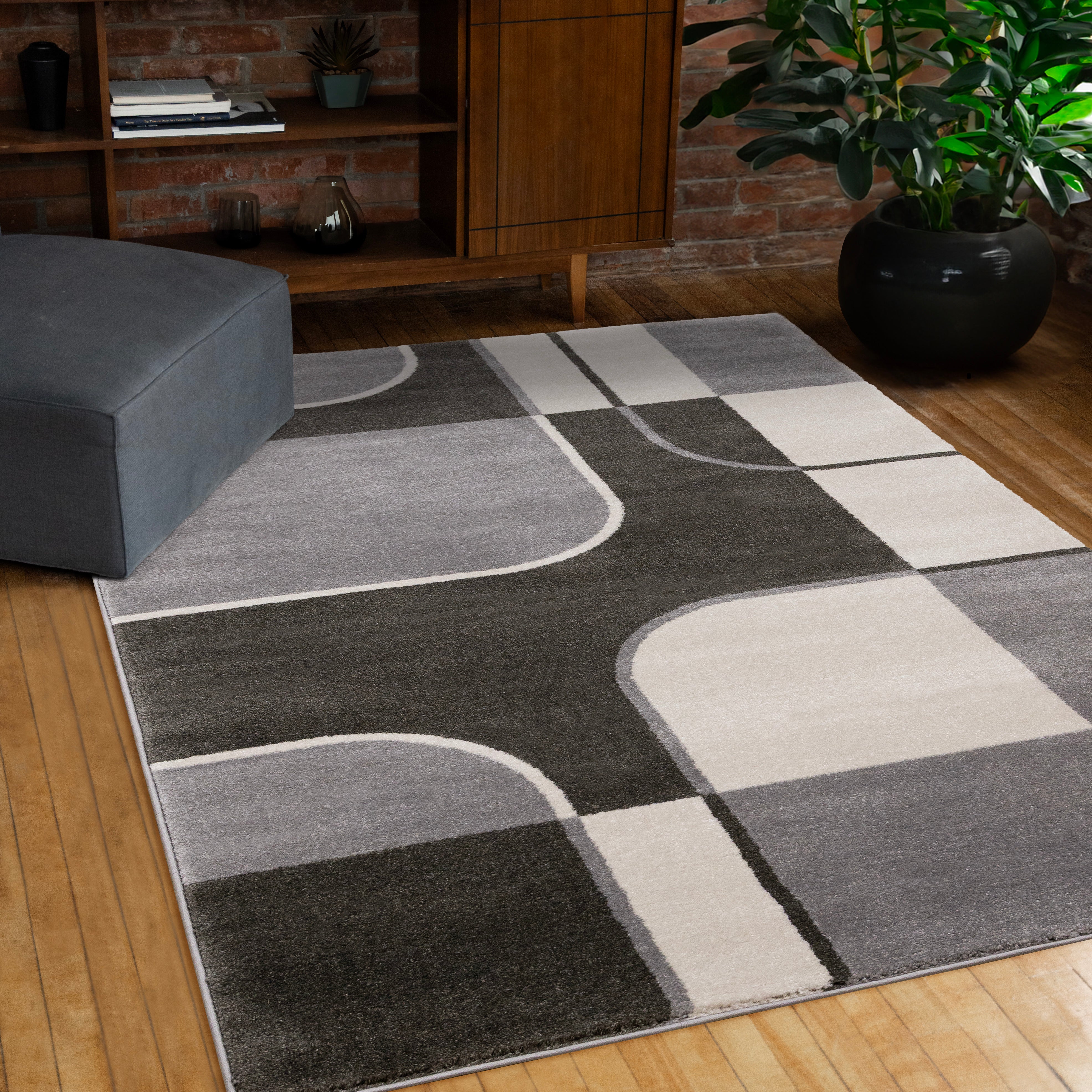 Shade Grey Black White Mid Century Geometric Design Rug