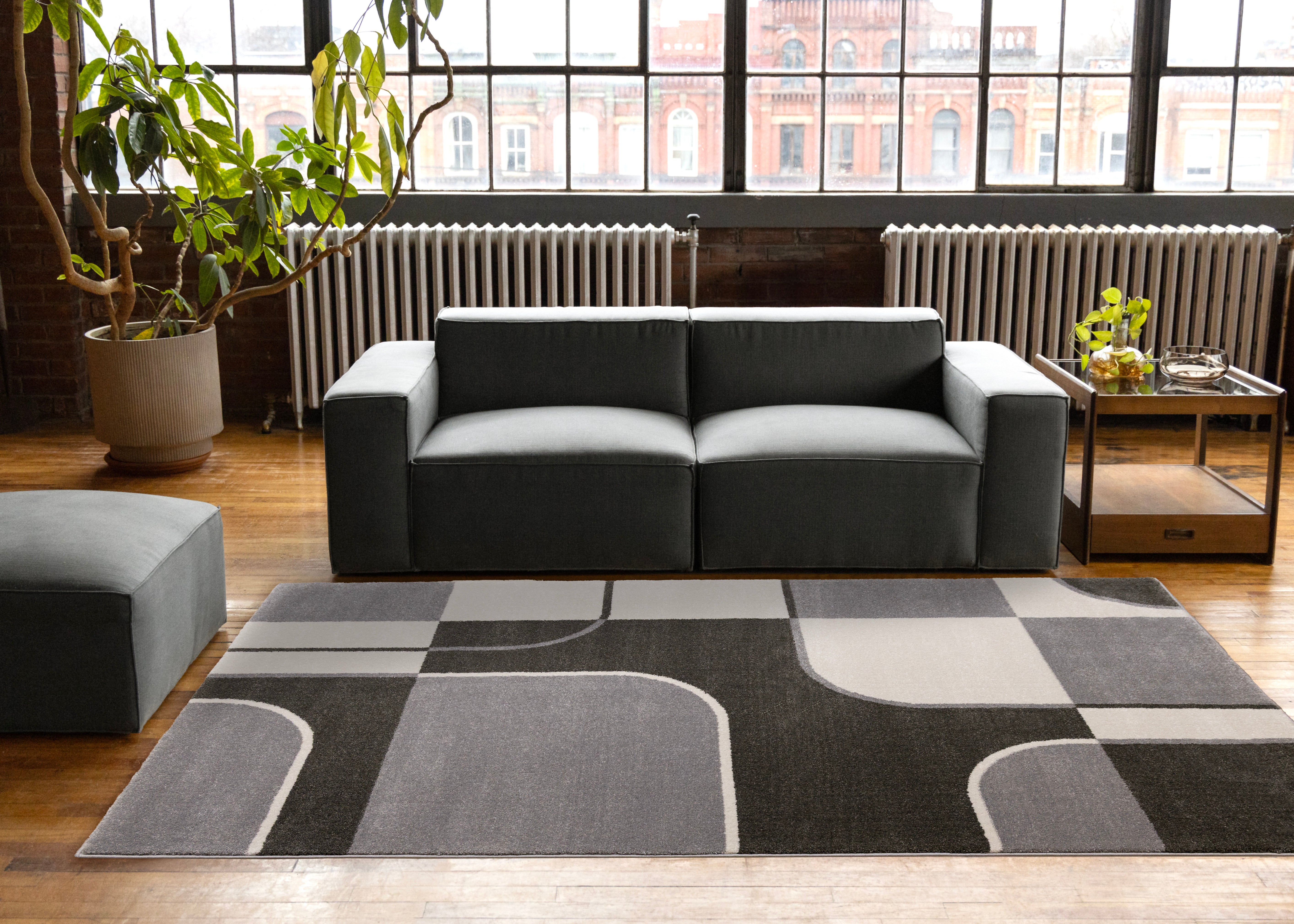 Shade Grey Black White Mid Century Geometric Design Rug