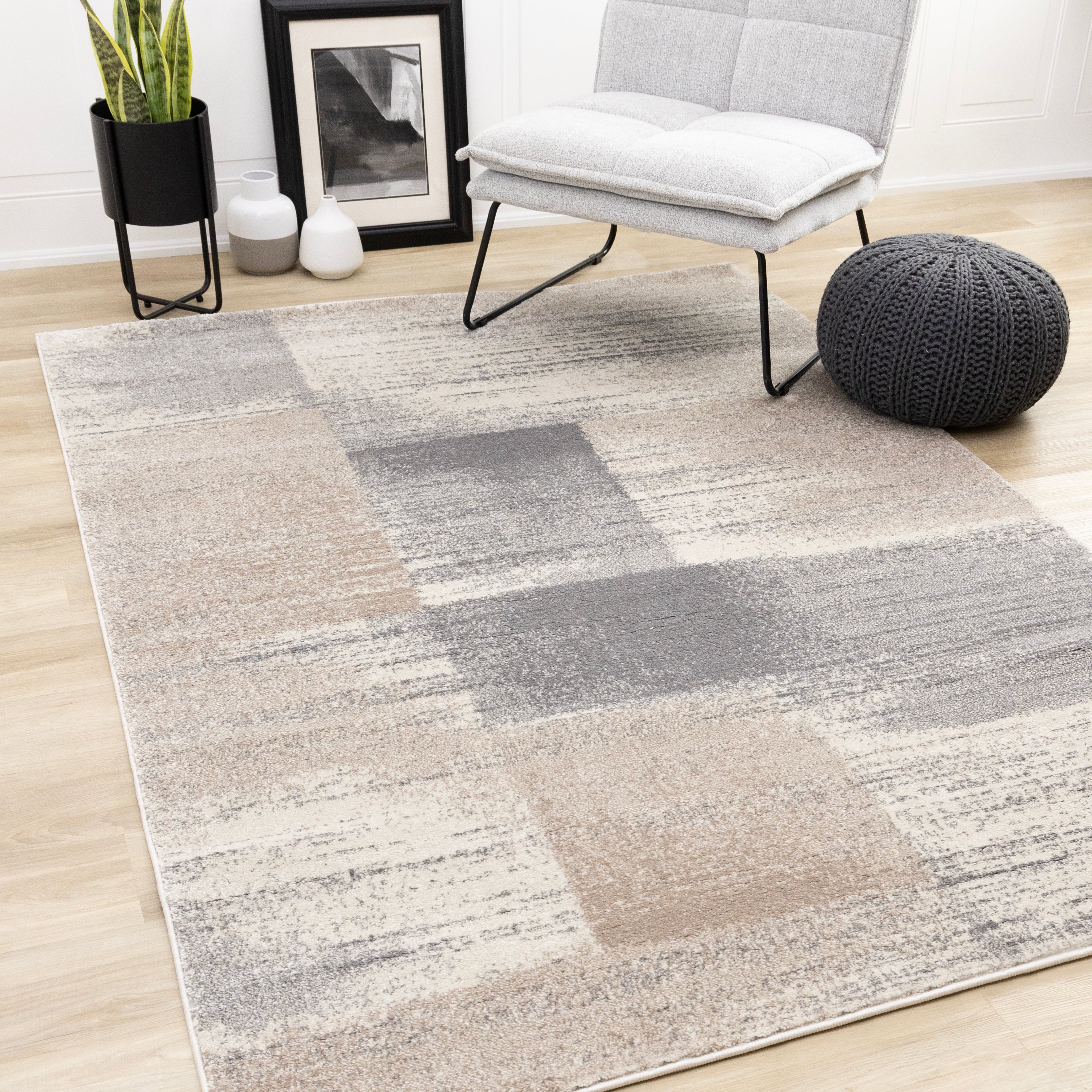 Shade Cream Taupe Grey Distressed Patches Rug