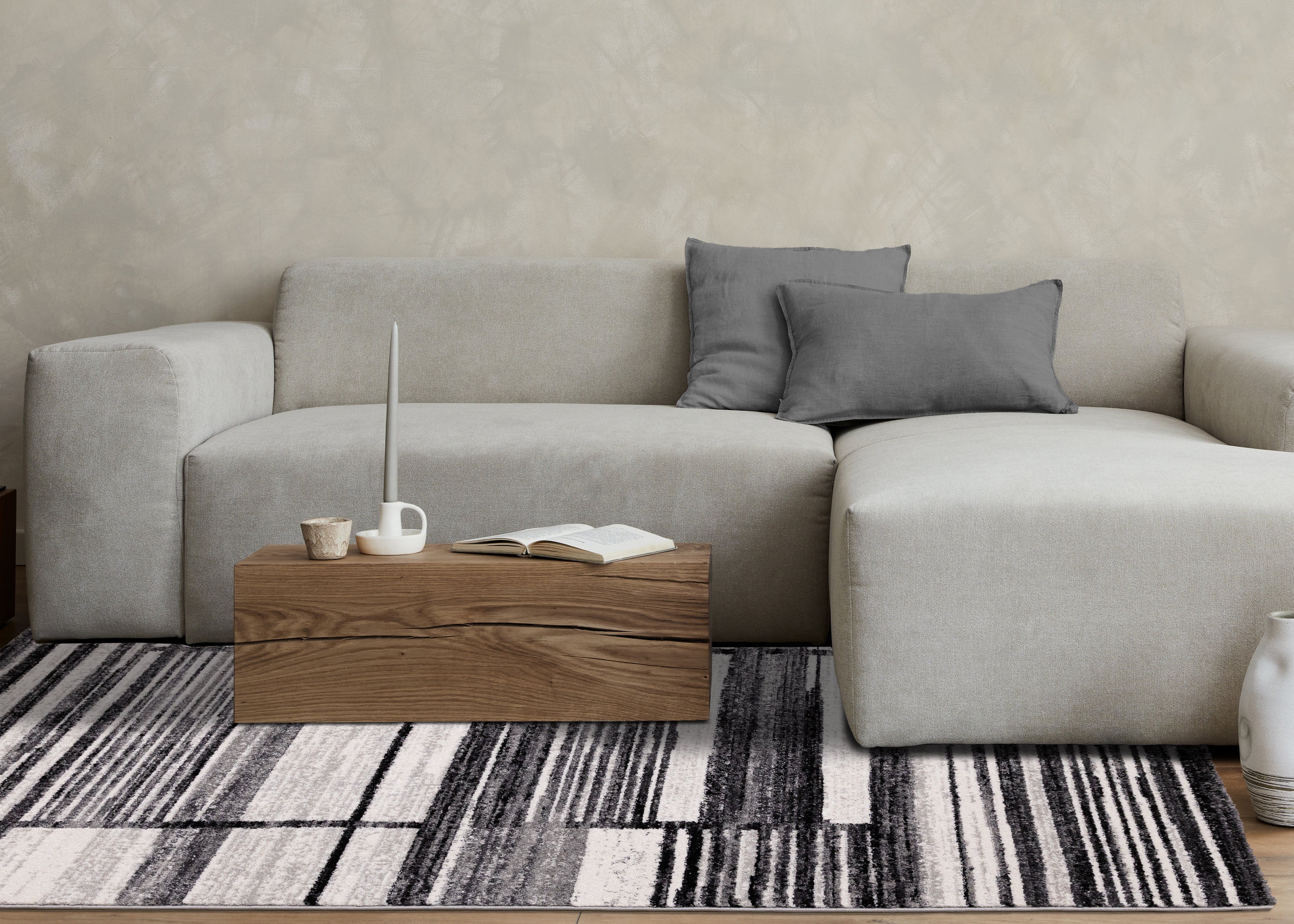Slate Black Grey White Distressed Lines Rug