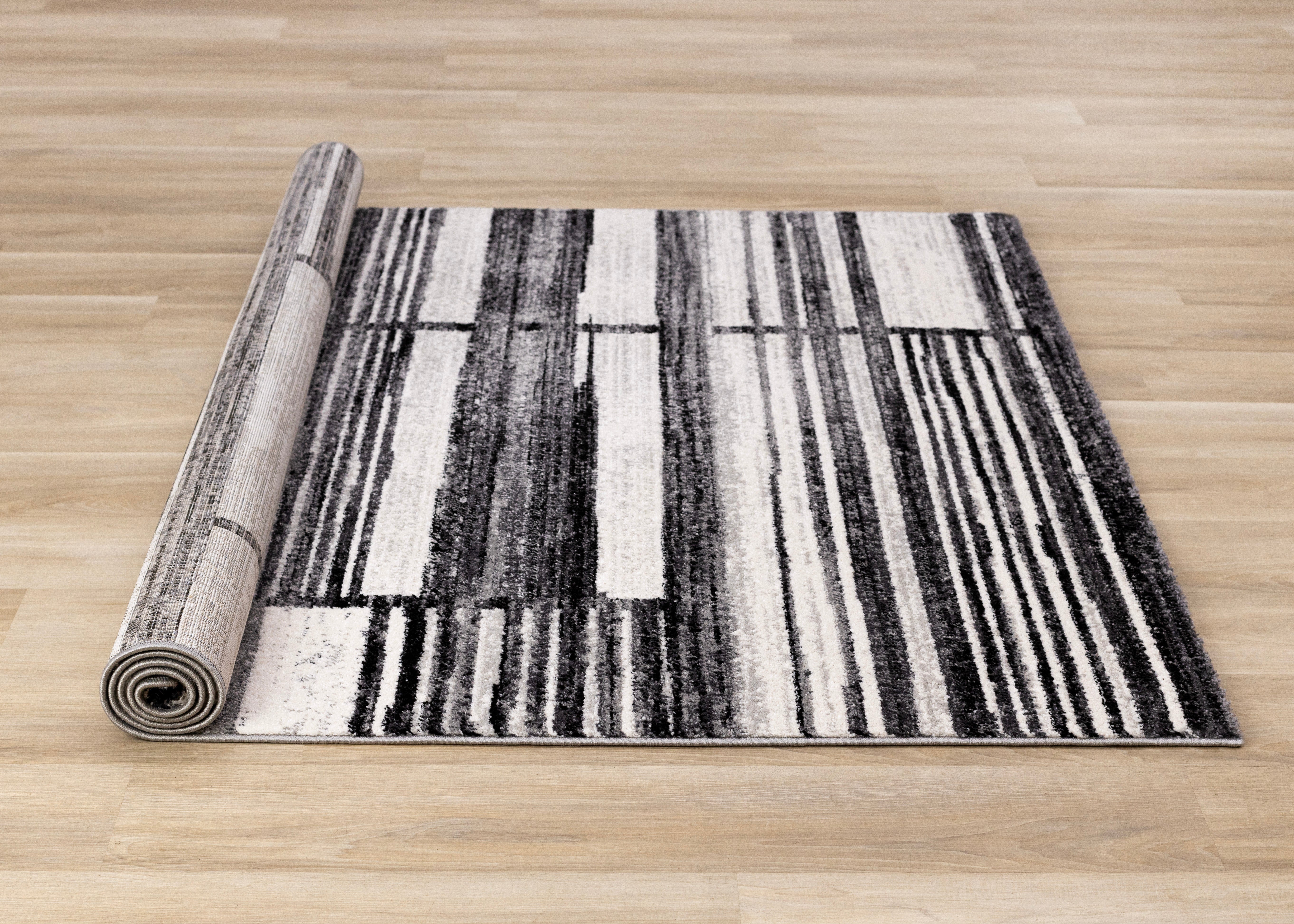 Slate Black Grey White Distressed Lines Rug