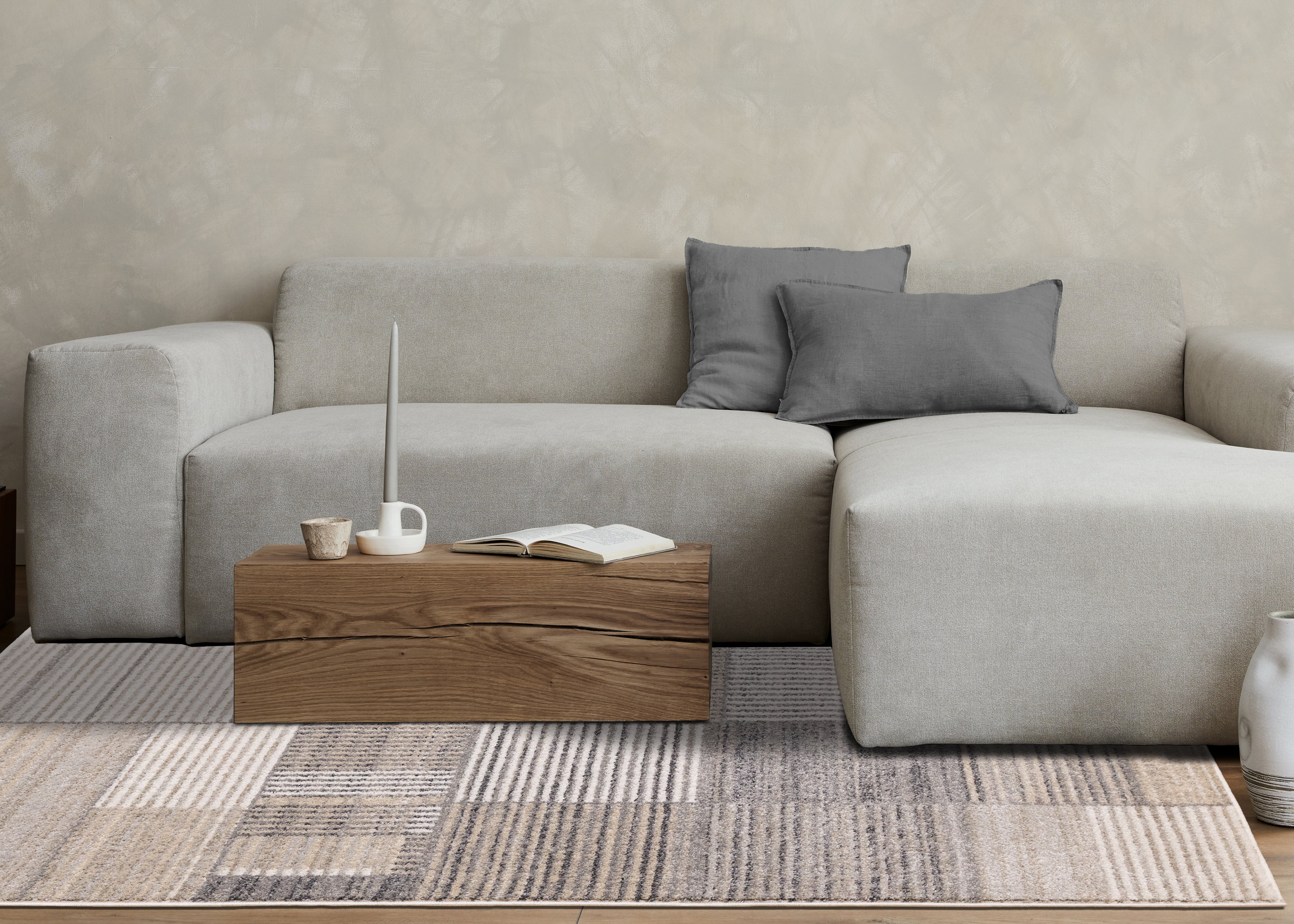 Swift White Grey Beige Striped Blocks Rug