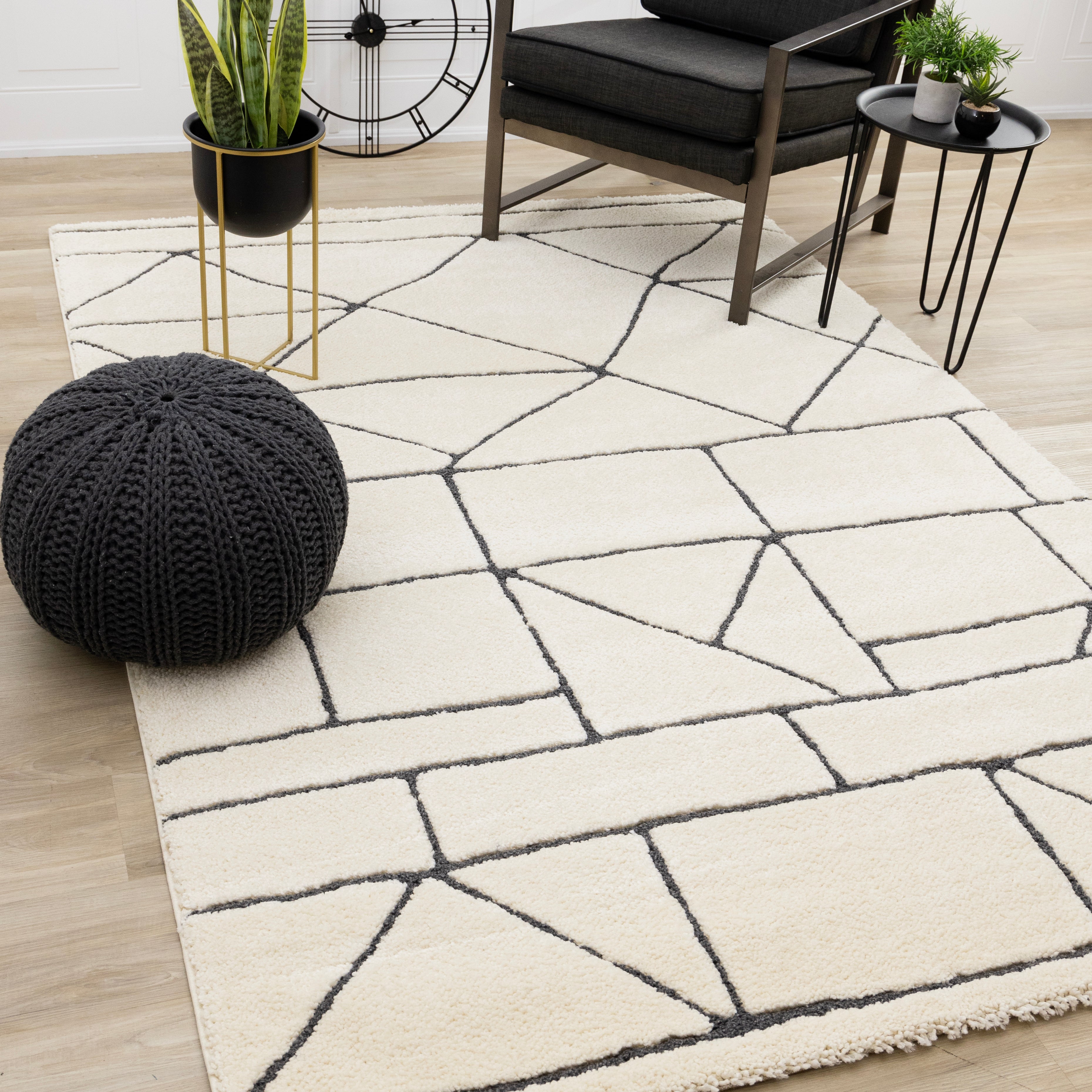 Talia Cream Black Geometric Lattice Design Rug