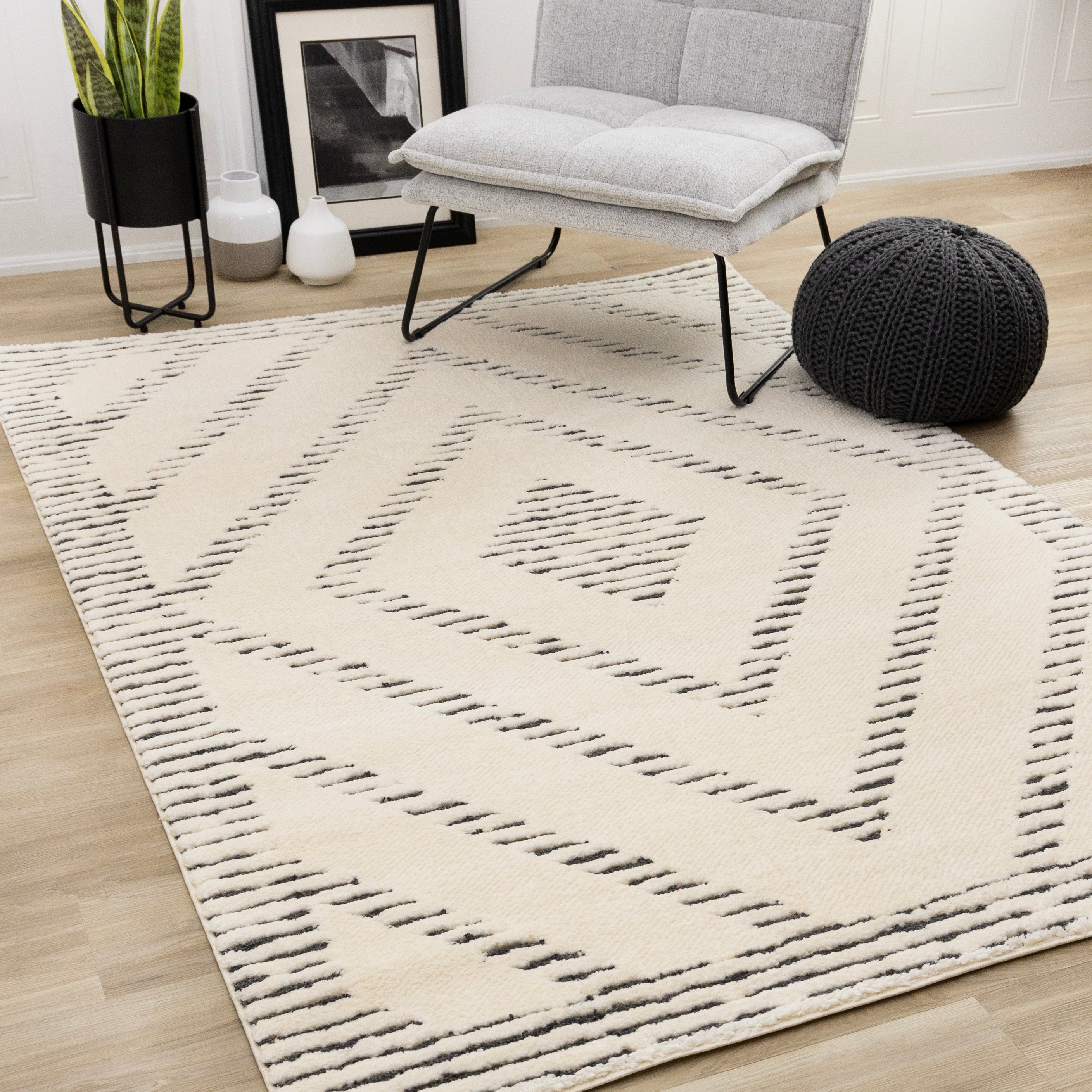 Talia Cream Black Striped Diamond Rug Design