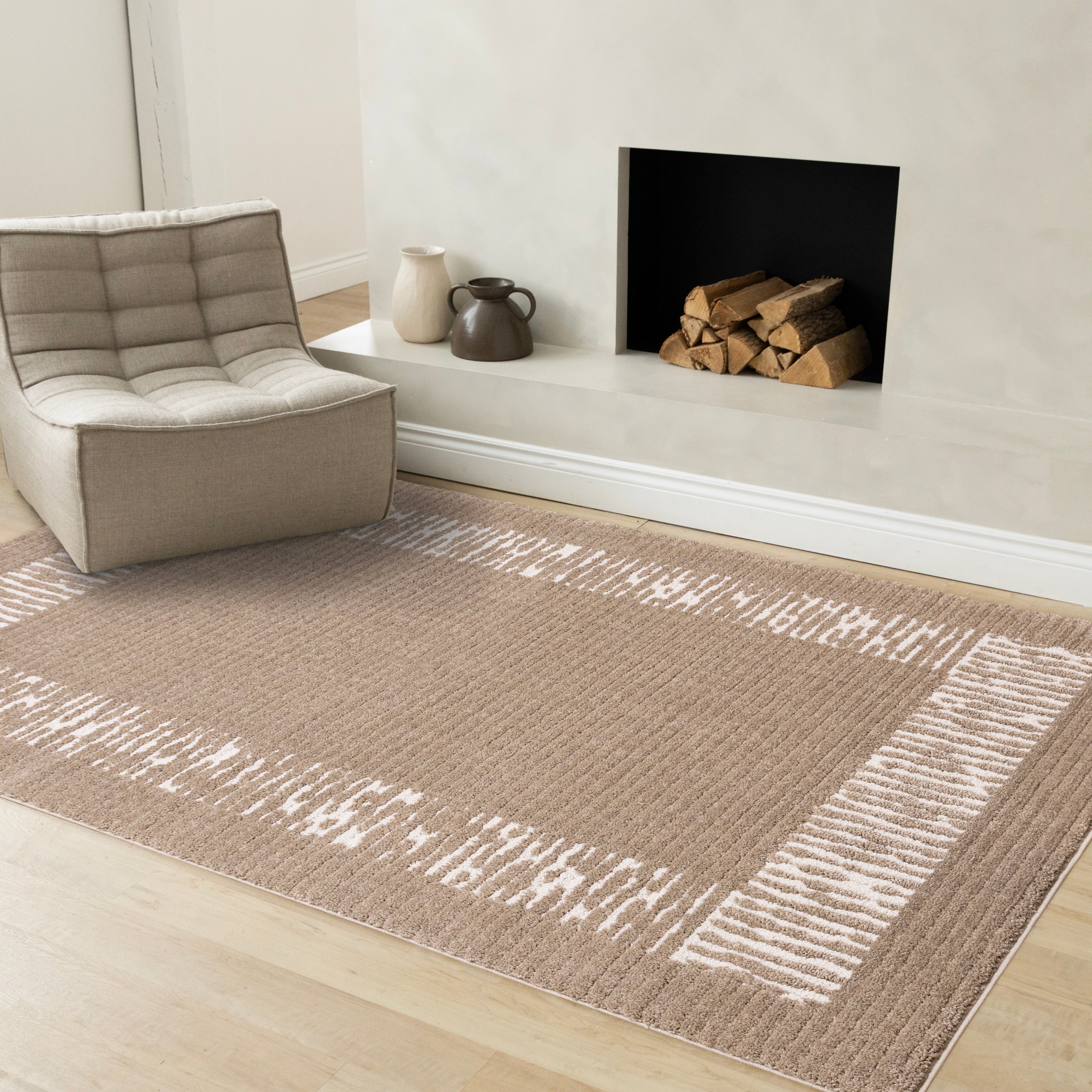Talia Taupe White Striped Border Rug