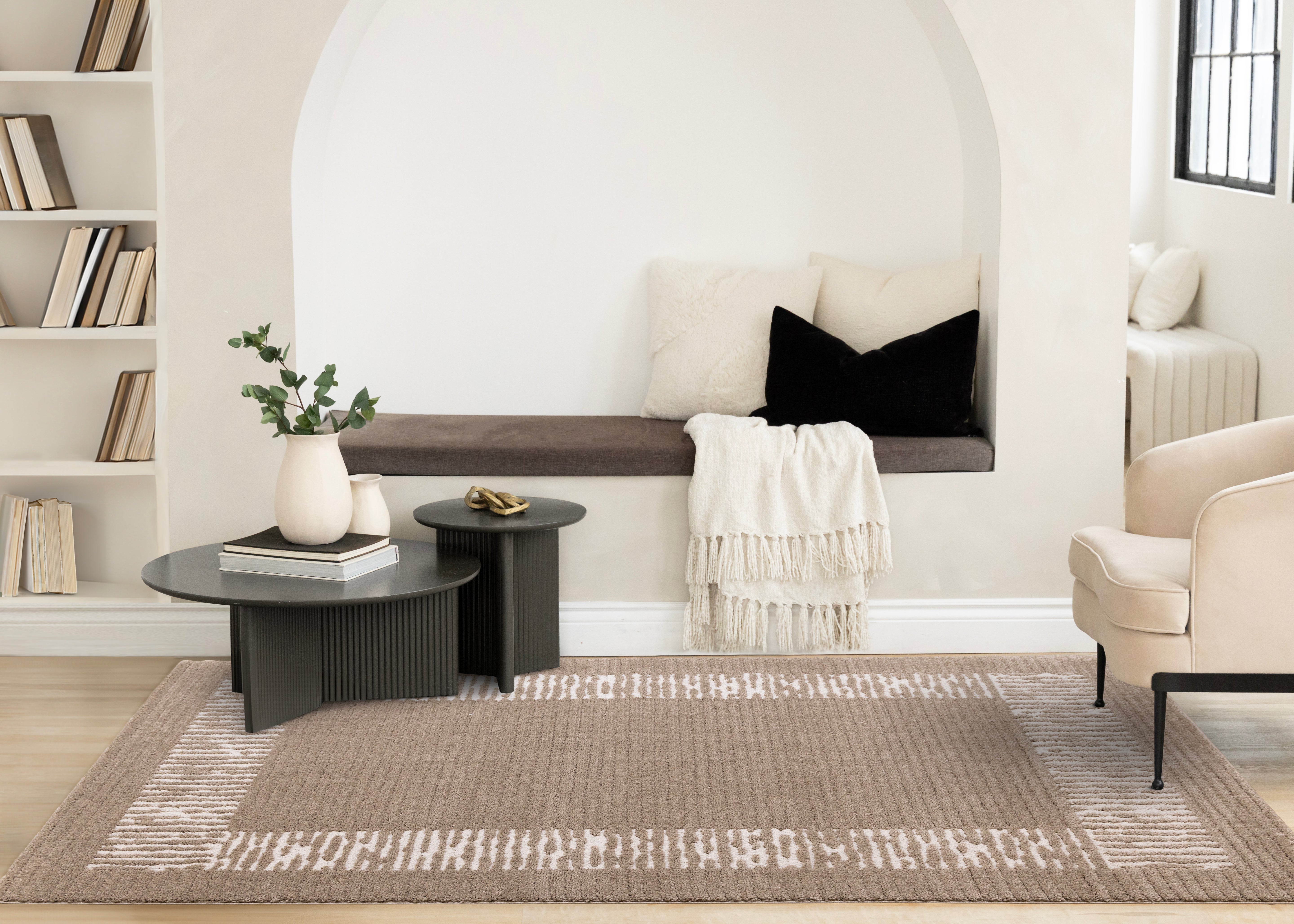 Talia Taupe White Striped Border Rug