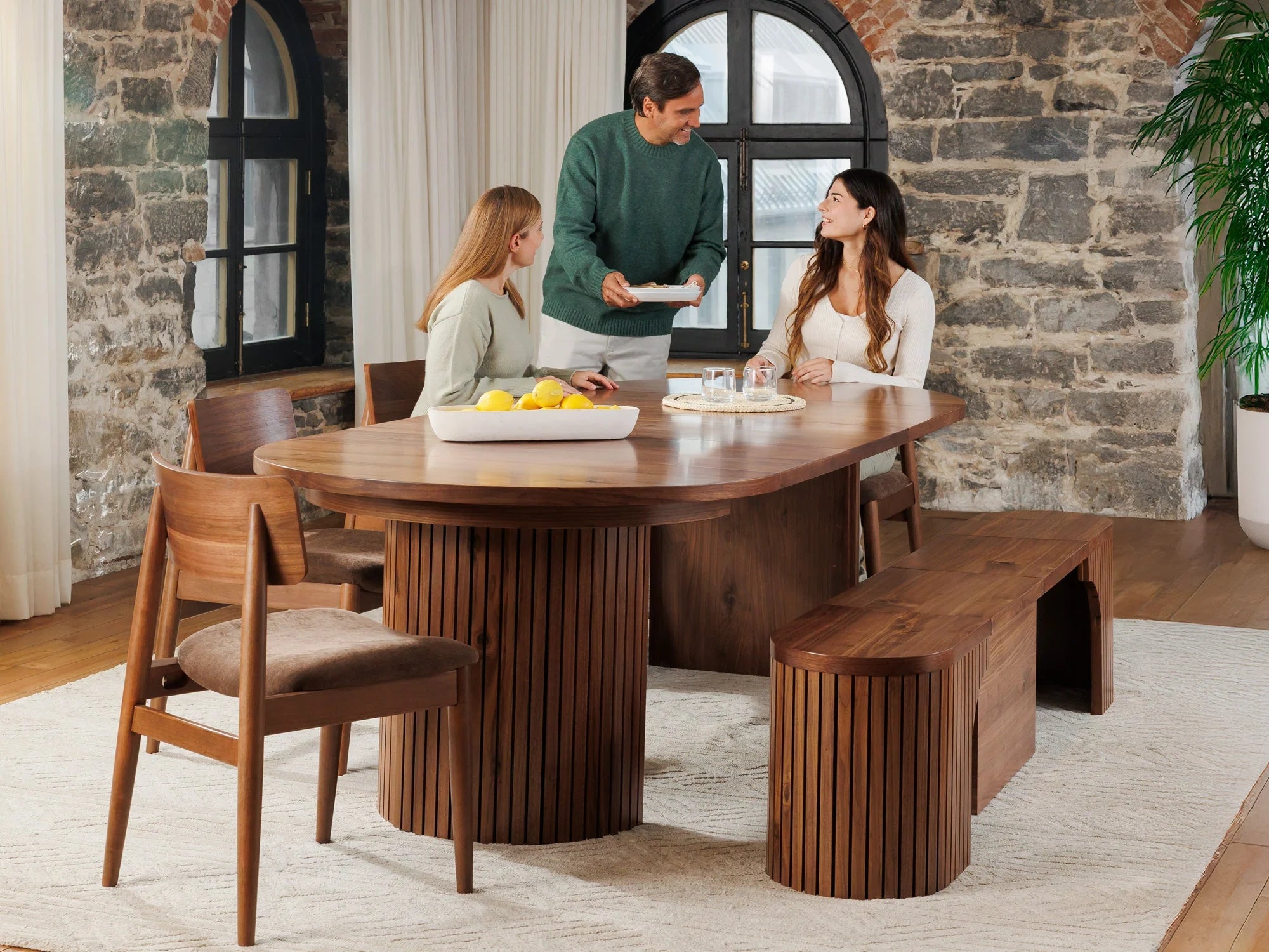 Transformer Round Dining Set - The Host | Table, 4x Chairs & Bench