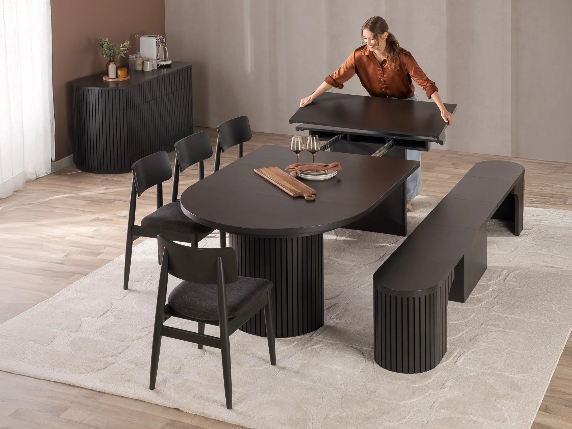 Transformer Round Dining Set - The Host | Table, 4x Chairs & Bench