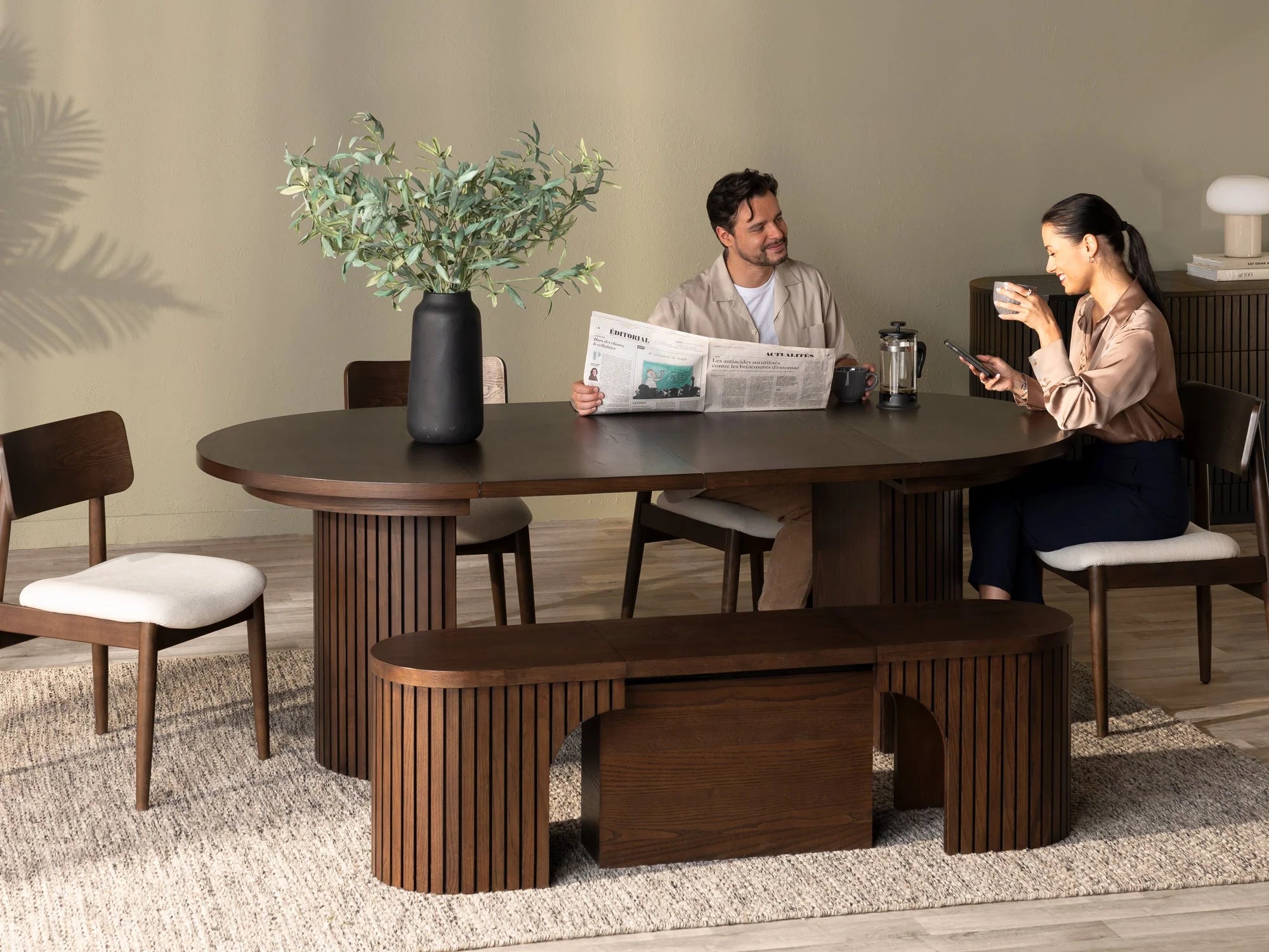 Transformer Round Dining Set - The Host | Table, 4x Chairs & Bench