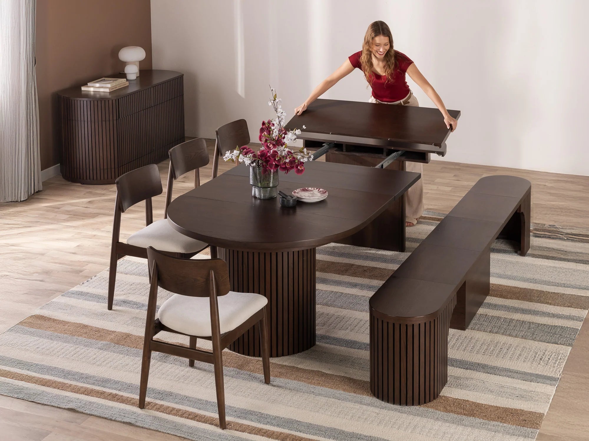 Transformer Round Dining Set - The Host | Table, 4x Chairs & Bench