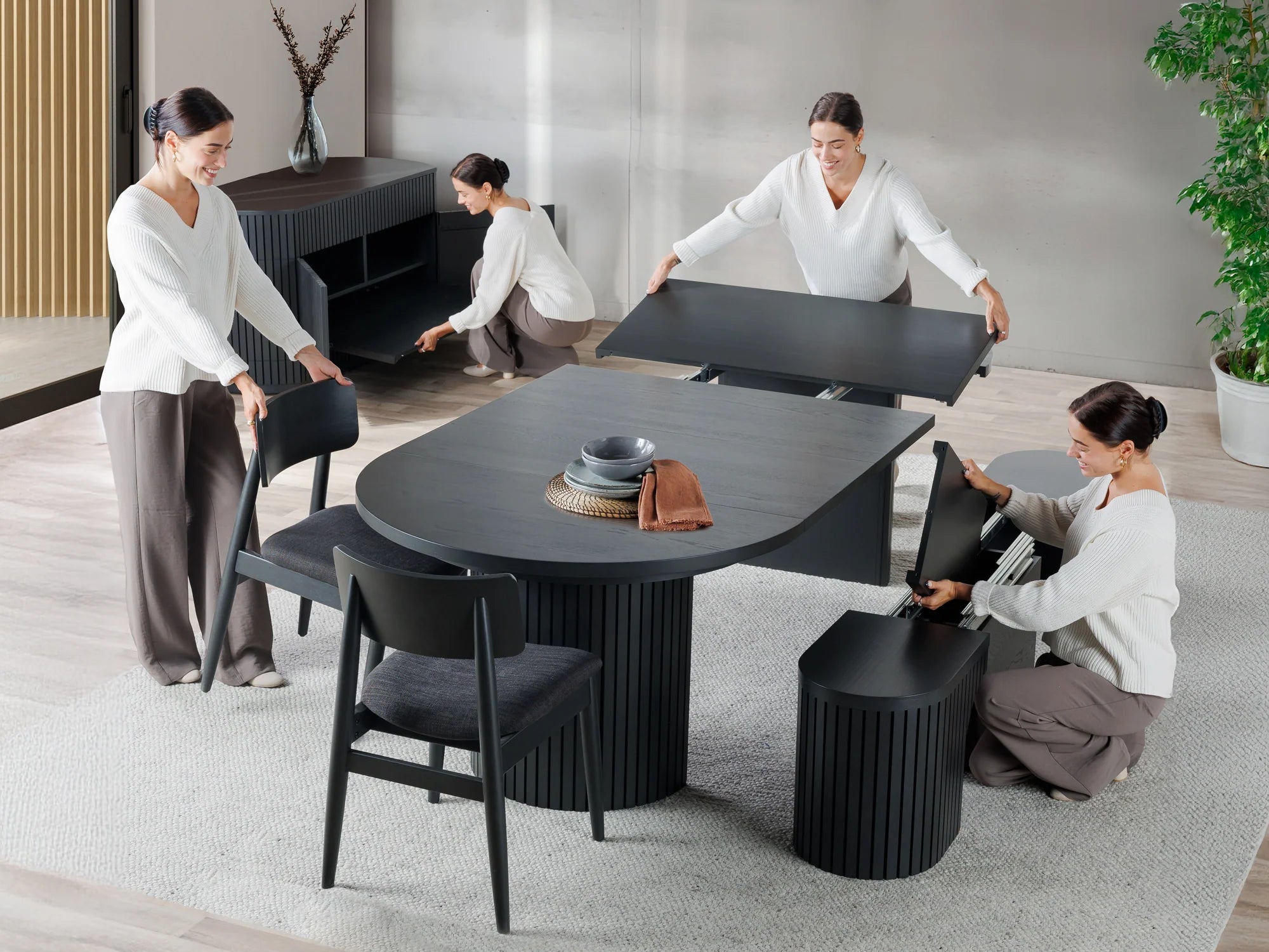 Transformer Round Dining Set - The Host | Table, 4x Chairs & Bench