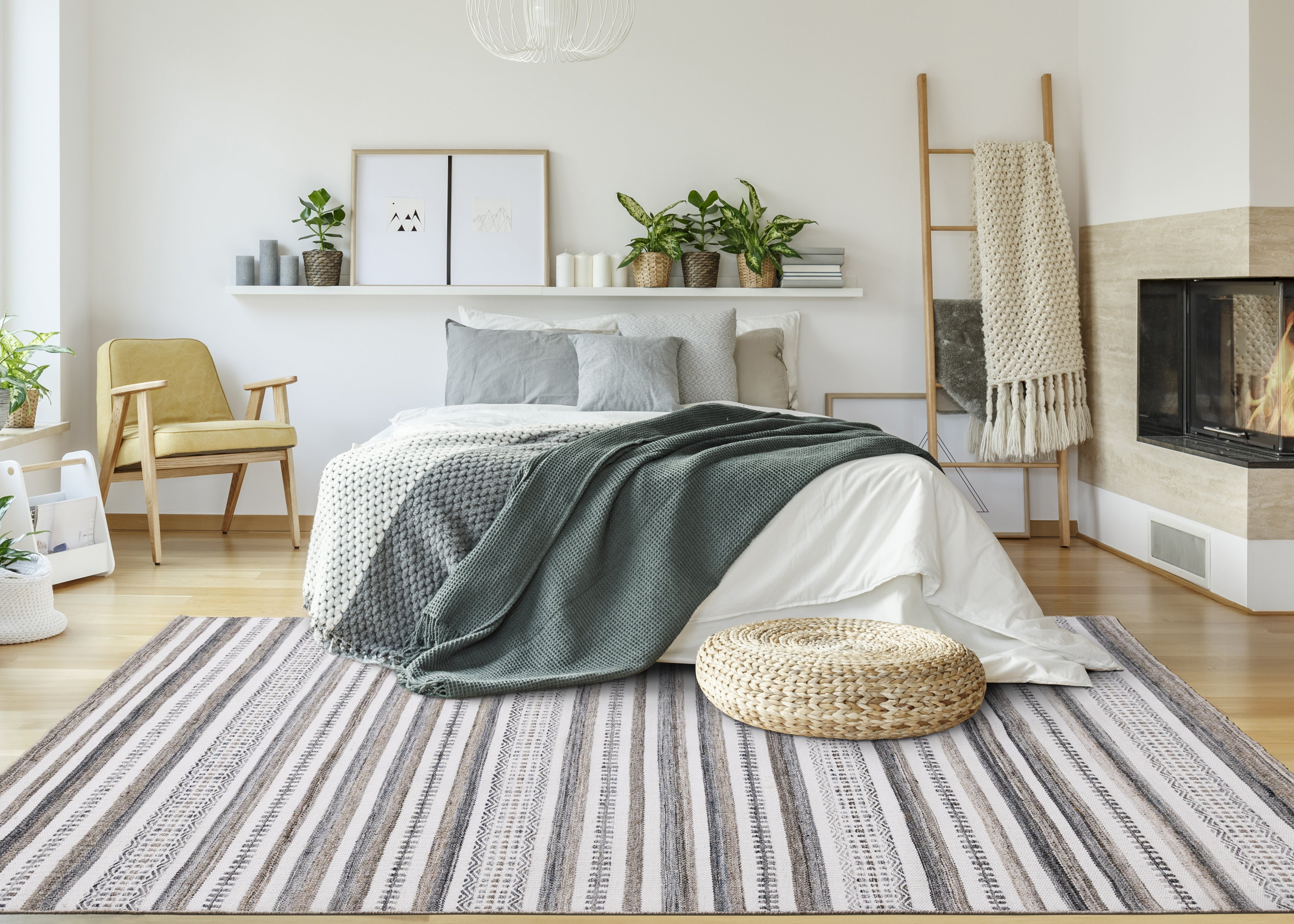Aspen White Grey Brown Striped Southwestern Pattern Rug