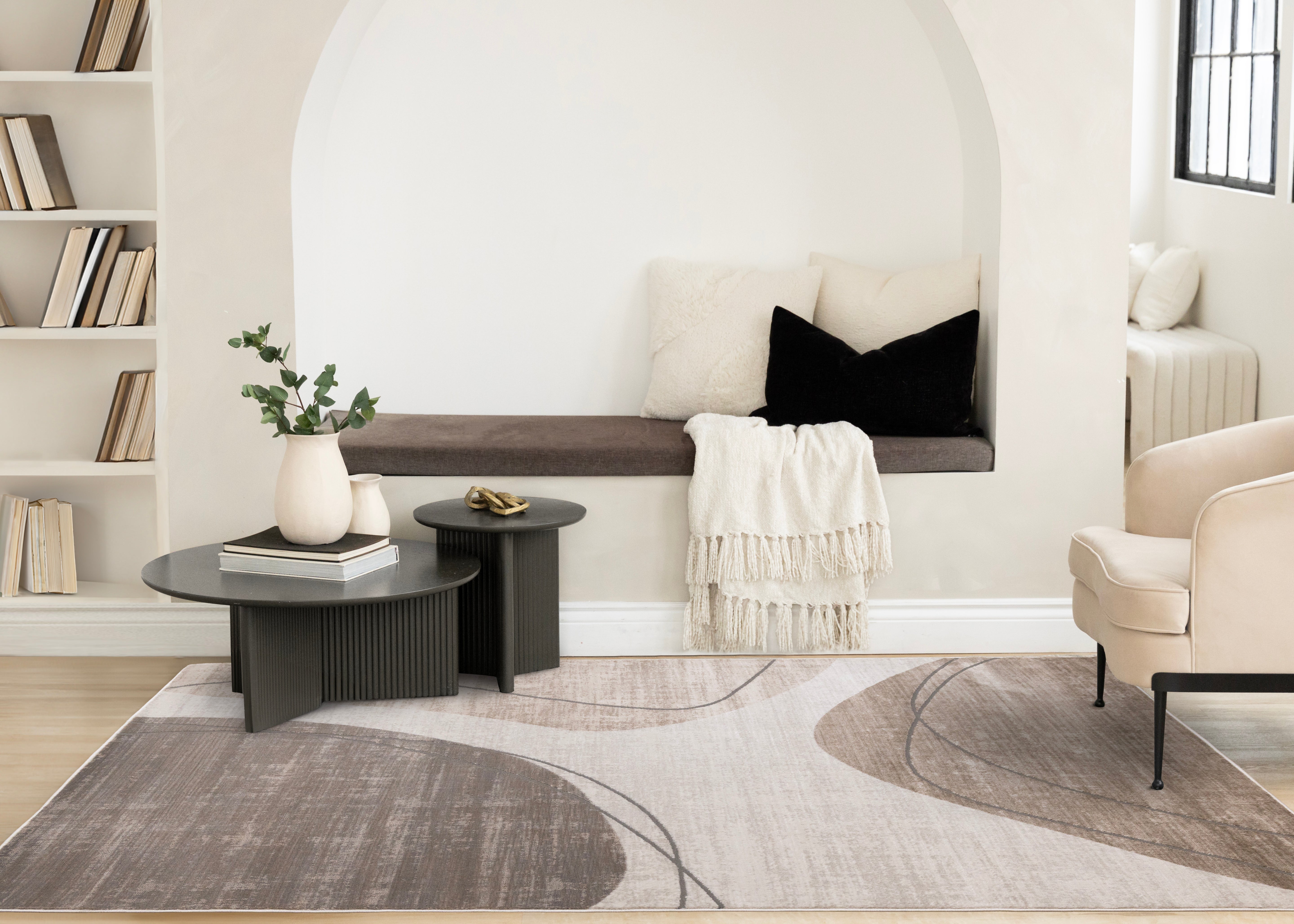 Legacy Taupe Beige White Grey Rounded Shapes Design Rug