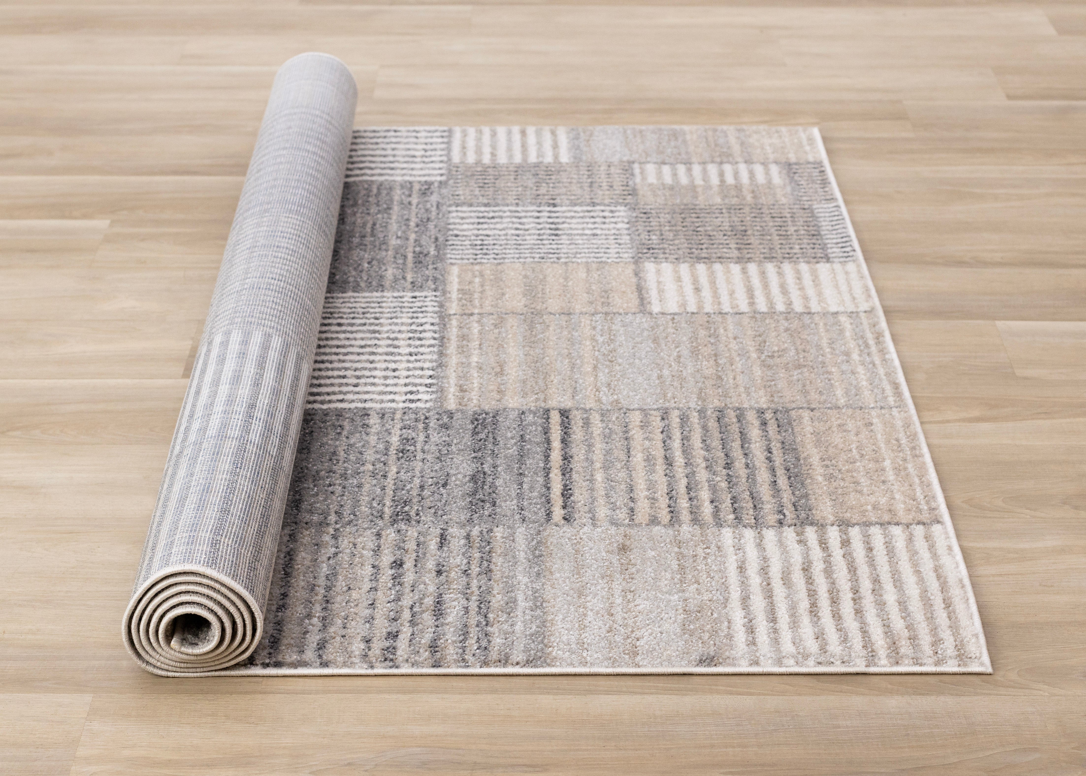 Swift White Grey Beige Striped Blocks Rug