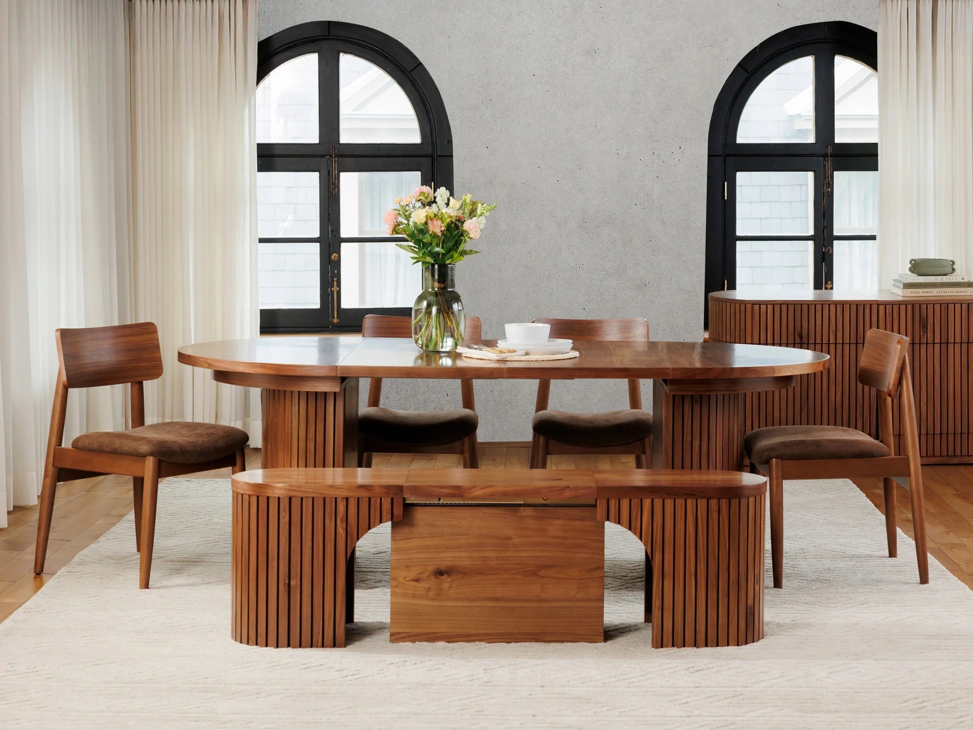 Transformer Round Dining Set - The Host | Table, 4x Chairs & Bench