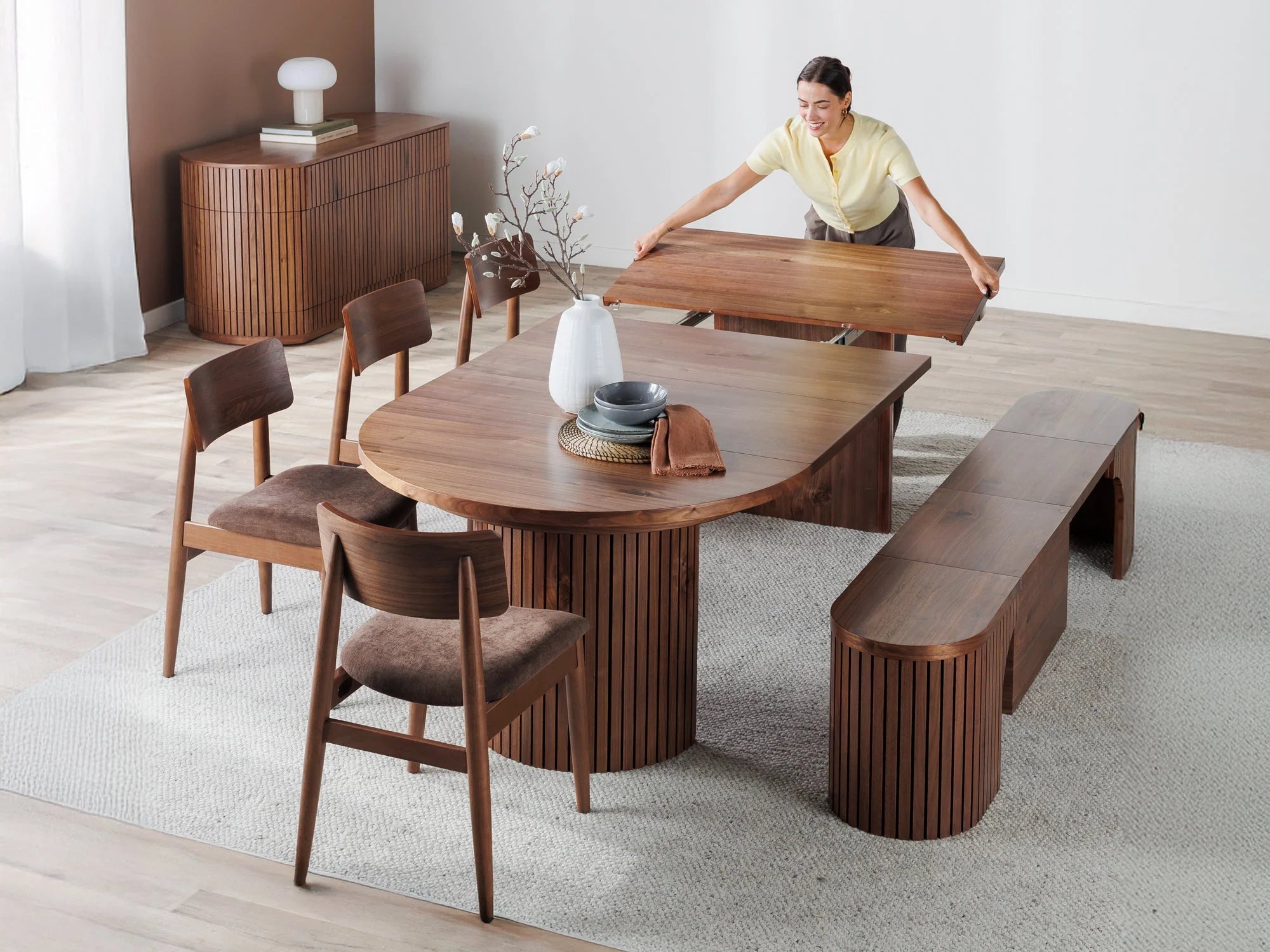 Transformer Round Dining Set - The Host | Table, 4x Chairs & Bench