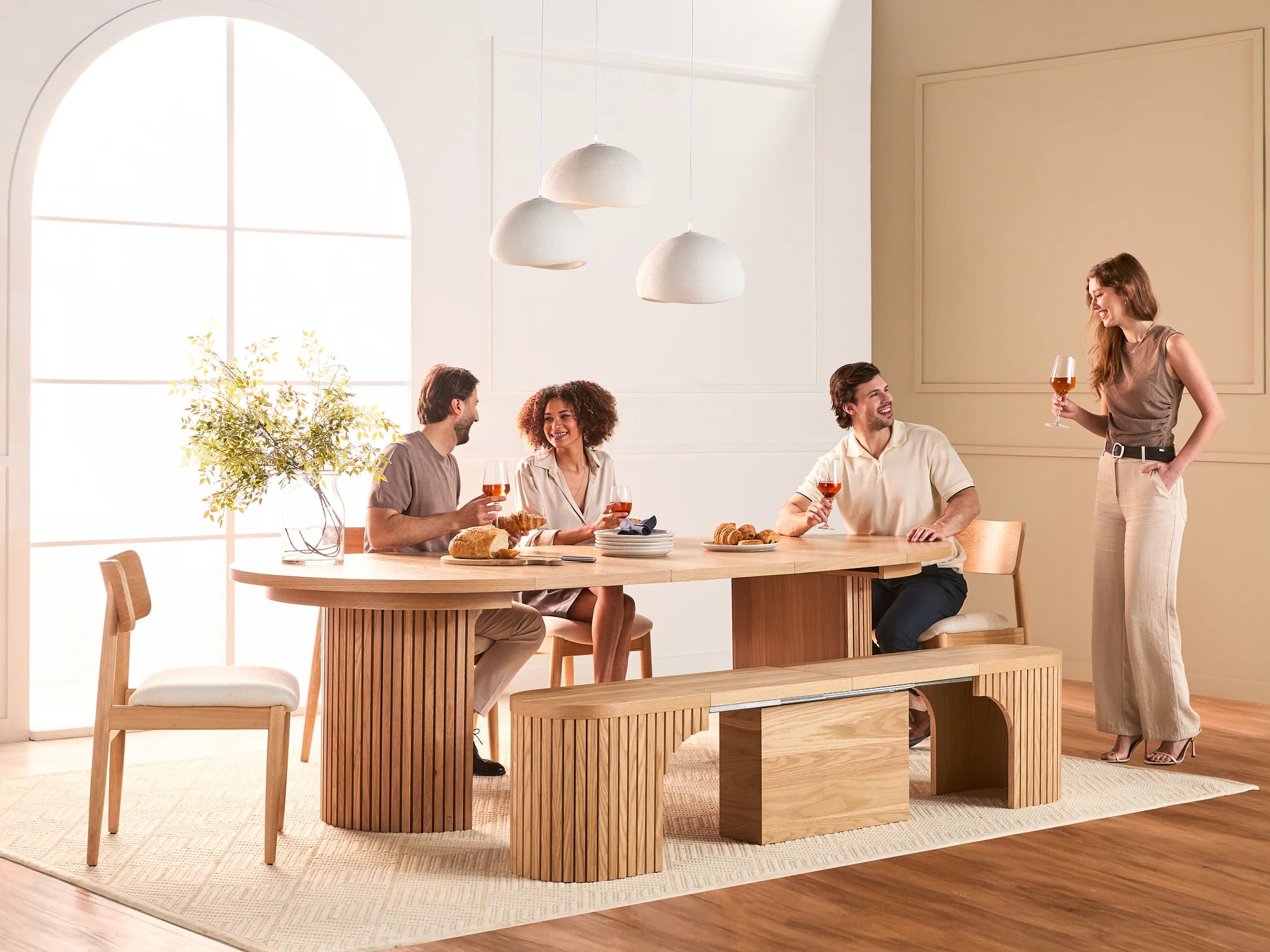 Transformer Round Dining Set - The Host | Table, 4x Chairs & Bench