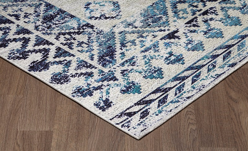 Sparx Medallion Blue Distressed Washable Modern Rug by Viana