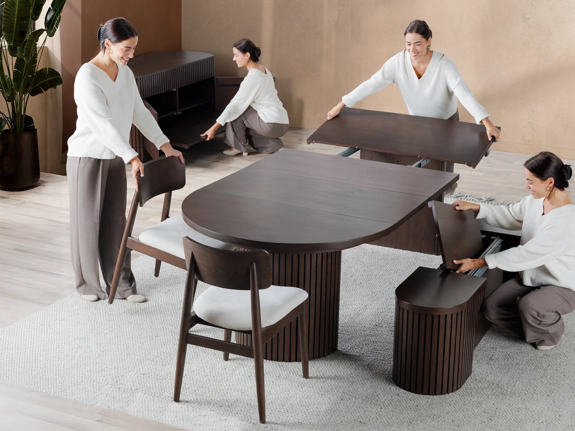 Transformer Round Dining Set - The Host | Table, 4x Chairs & Bench